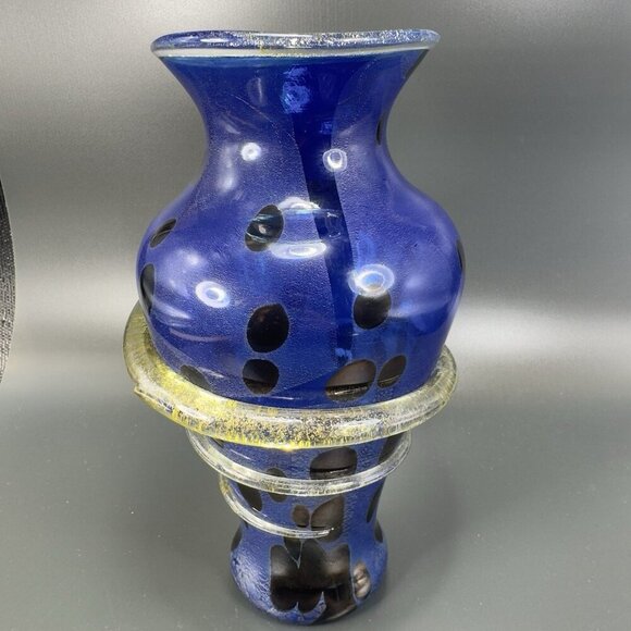 2001 Cliff Goodman Art Glass Vase Vessel Spiral Cobalt Blue Gold Specks Signed - Picture 9 of 16